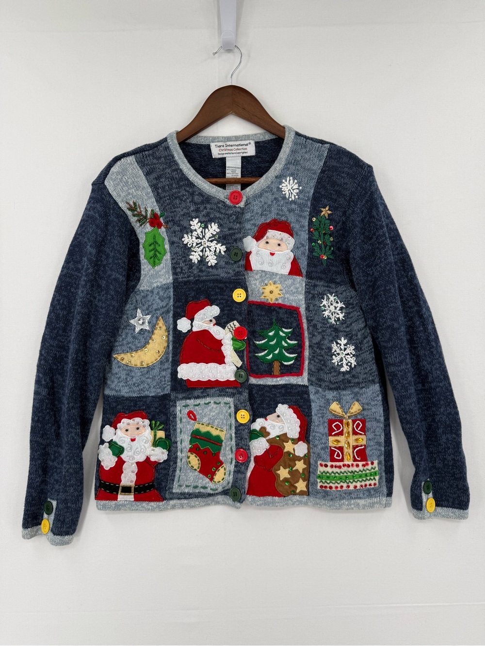 Vintage Tiara International Christmas Sweater Medium Santa Applique Cardigan